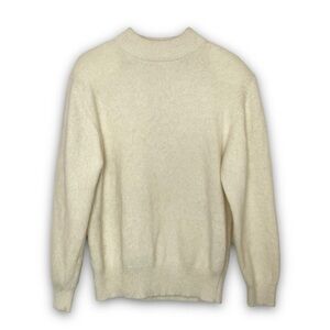 VINTAGE 80s Angora Wool & Ivory Fuzzy Knit Mockneck Rib Trim Pullover Sweater S